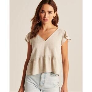 Abercrombie & Fitch Flutter Sleeve Trapeze Top Baby Doll Linen Blend Oatmeal Sm